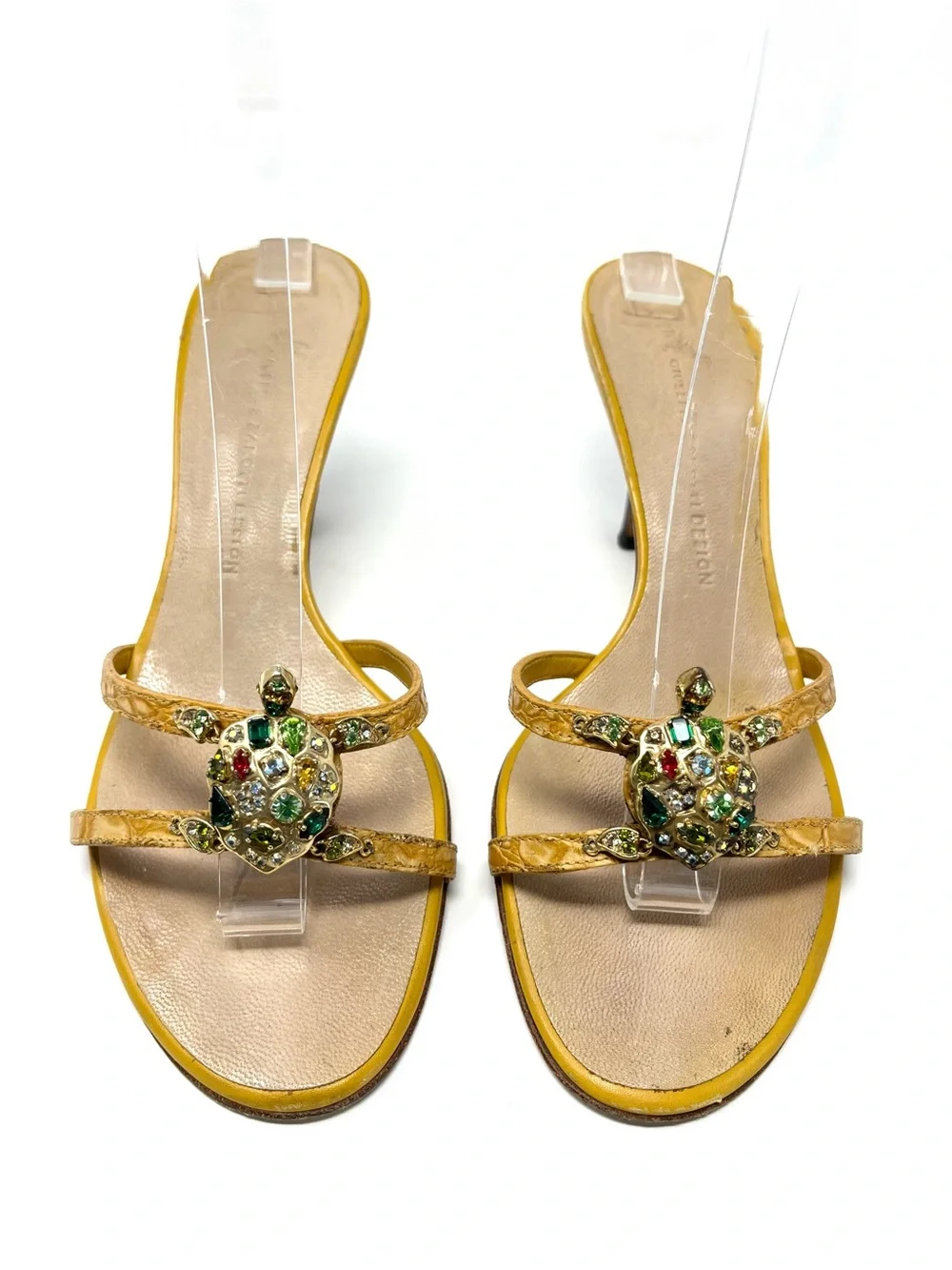 Vintage Giuseppe Zanotti Yellow Gold Crystal Turtle Sandals Kitten Heels 36 6